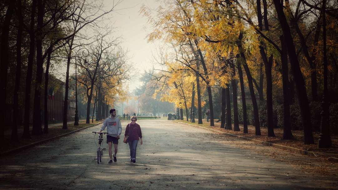 Coppia che passeggia in un viale alberato d'autunno